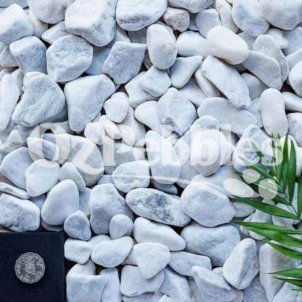50mm White Snow - Tumbled Pebble - Oz Pebbles Australia